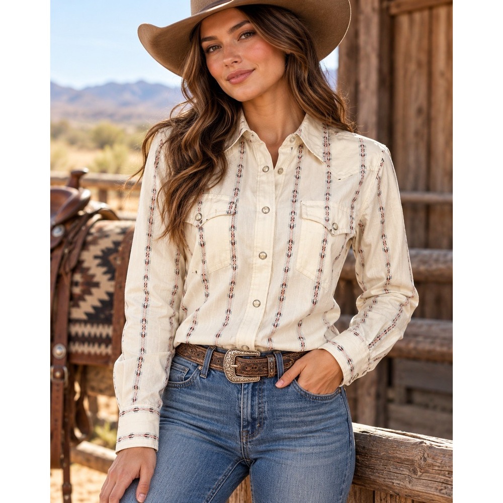 Wrangler Retro Womens M Western Pearl Snap Shirt Cream Southwestern Stripe NWT